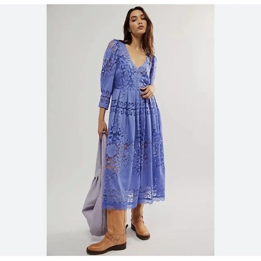 NWT Free People Persian Jewel Blue Lace Midi Dress Button 3/4 Sleeve Small FLAW